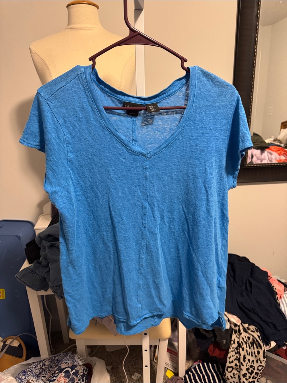 Blue linen V-Neck Short Sleeve Top
